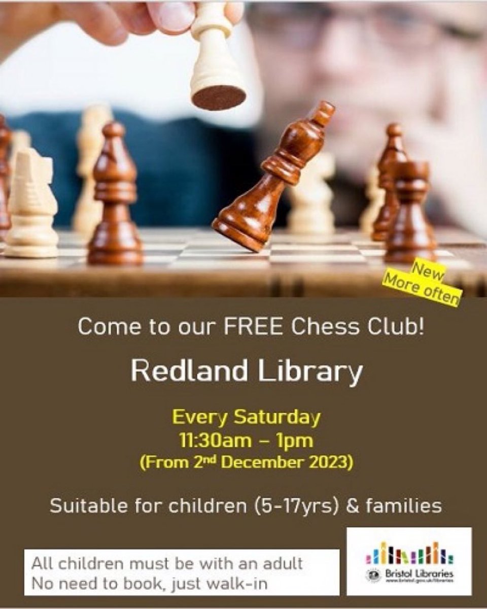 📣TODAY in Redland Library ♟️Chess Club for 5-17yo children & families ♟️#RedlandLibrary #Bristol ♟️Saturday 30th March 11:30am to 1pm ♟️Free No booking required ♟️All children must be accompanied by an adult Runs every Saturday @FORedlandLib #Libraries #Chess