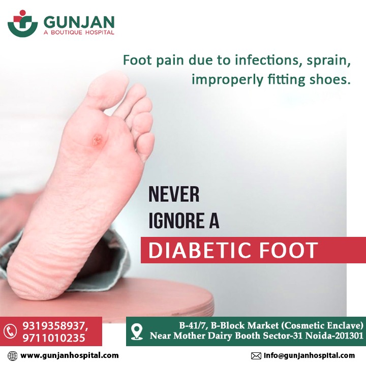 Take a step towards healthier feet! Don't ignore foot pain caused by infections, sprains, or ill-fitting shoes. And remember, diabetic foot care is crucial! For more info, reach out to Gunjan Hospital.

#gunjanhospital #Healthylifestyle #healthierfeet #FootPainRelief #footpain