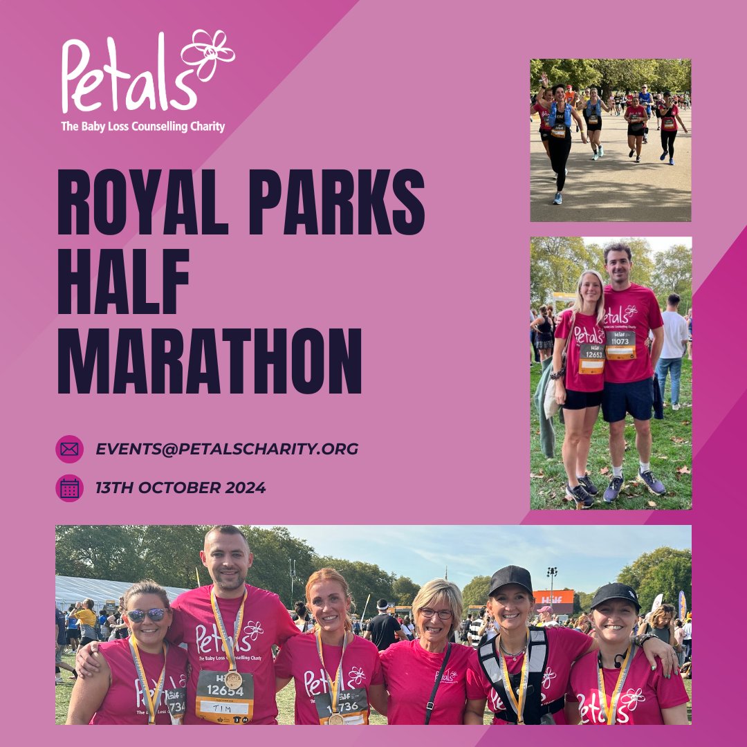 🏃‍♀️We have just a handful of places remaining for this year's Royal Parks Half Marathon. 🏃🏽‍♀️ Will you help us to deliver vital specialist counselling to bereaved parents following pregnancy or baby loss? Join #TeamPetals this October. Sign-up here: bit.ly/42Jf35H 🌸