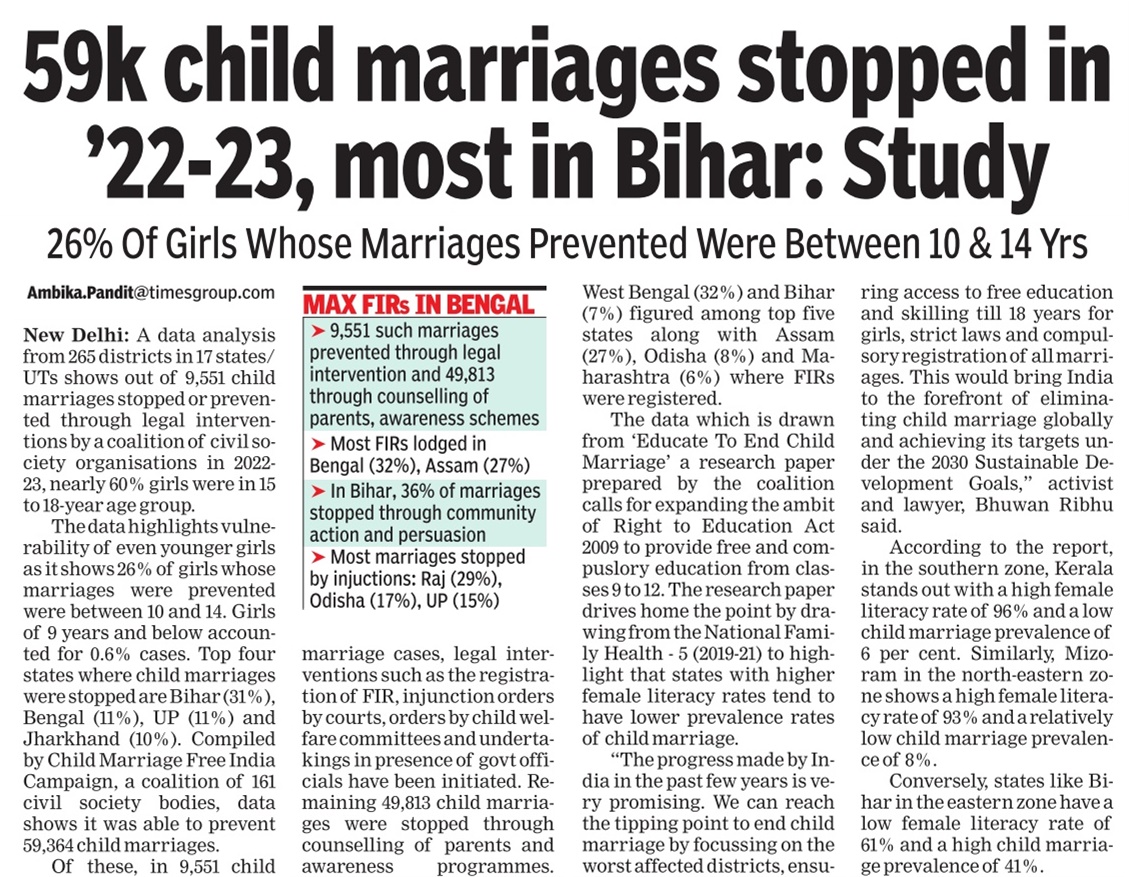 Child marriage remains a serious concern. Even as prevalence has evidently been on decline over the decades still much needs to be done to protect adolescent girls. Civil society calls for extending RTE Act upto class 12.