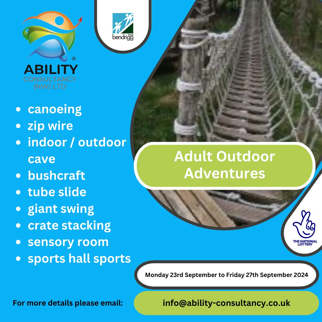 Calling all adults with #CerebralPalsy or related conditions – do you want to attend our Outdoor Adventures week? Our venue in the #Lakes is fully #inclusive, and the camp is going to be filled full of fun and exciting activities. Contact us on info@ability-consultancy.co.uk