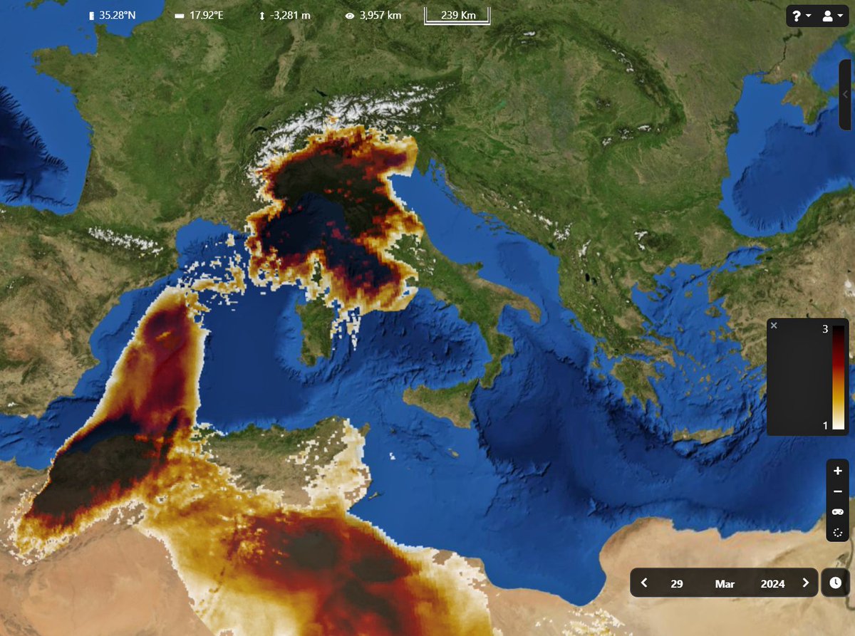 Impressive dust cloud over Italy. The #Copernicus #Sentinel5p map of March 29th shows the #SaharanDust transport crossing the Tyrrhenian Sea, covering #Corse, #Sardinia and Northern #Italy. Enorme nube di polveri sahariane sull'Italia settentrionale ieri. #Italia @giuliobetti