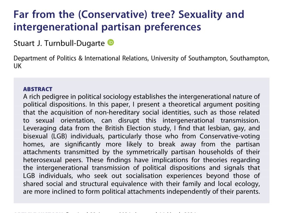 Very(!) happy to publish this new paper on sexuality and hereditary partisanship 🏳️‍🌈🗳️ The paper - which I first wrote in 2020 - is out now in @jepp_journal and is Open Access. You can read it here 👉🏽 doi.org/10.1080/135017… / 🧵