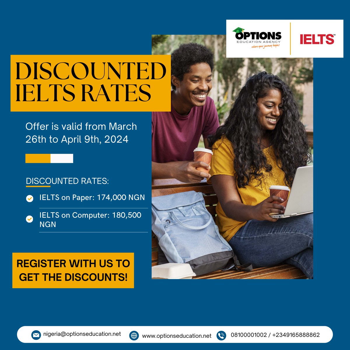 Elevate your future with Options Education Agency's exclusive promo! From March 26th to April 9th, enjoy discounted rates on IELTS exams. Register through 08100001002 to seize this incredible opportunity! #studyabroad