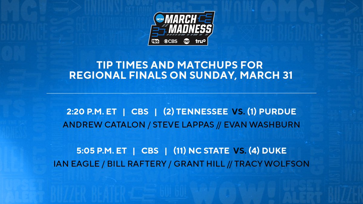CBS Sports and TNT Sports Announce Tip Times and Commentators for Regional Finals on Sunday, March 31 🏀 Full Release: ncaa.com/news/basketbal…