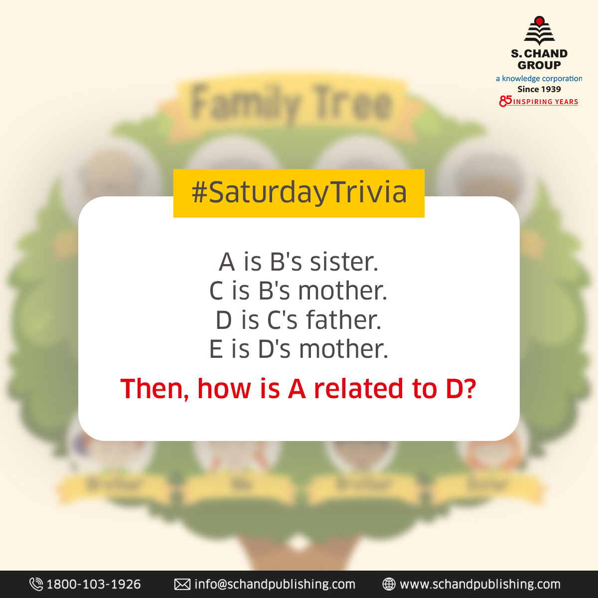 SChandGroup's tweet photo. Time yourself and see how quickly you can solve this brain teaser.
#SChand #SChandPublishing #SaturdayTrivia #Quiz #FunQuiz #Education #BloodRelations #BrainTeaser https://t.co/OVwxucBAzO