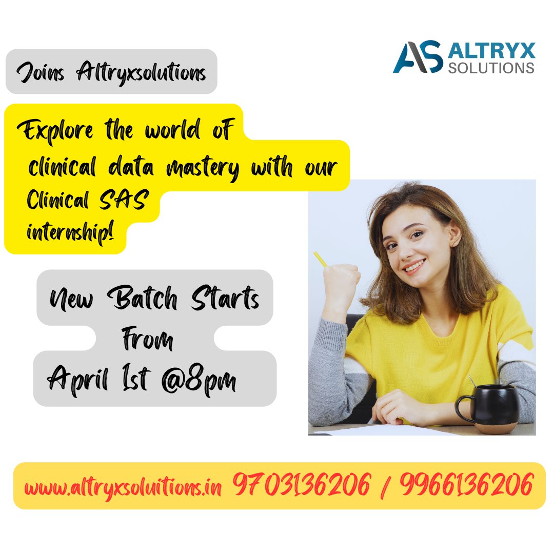 Join the journey to mastering SAS in clinical research! Limited seats available in our new batch at Altryx Solutions. Act swiftly to secure your spot.
#clinicalsastraining, #onlineclinicalsastraining, #clinincalsas, #bestsastraininginhyderabad, 
call for more info : 9703136206