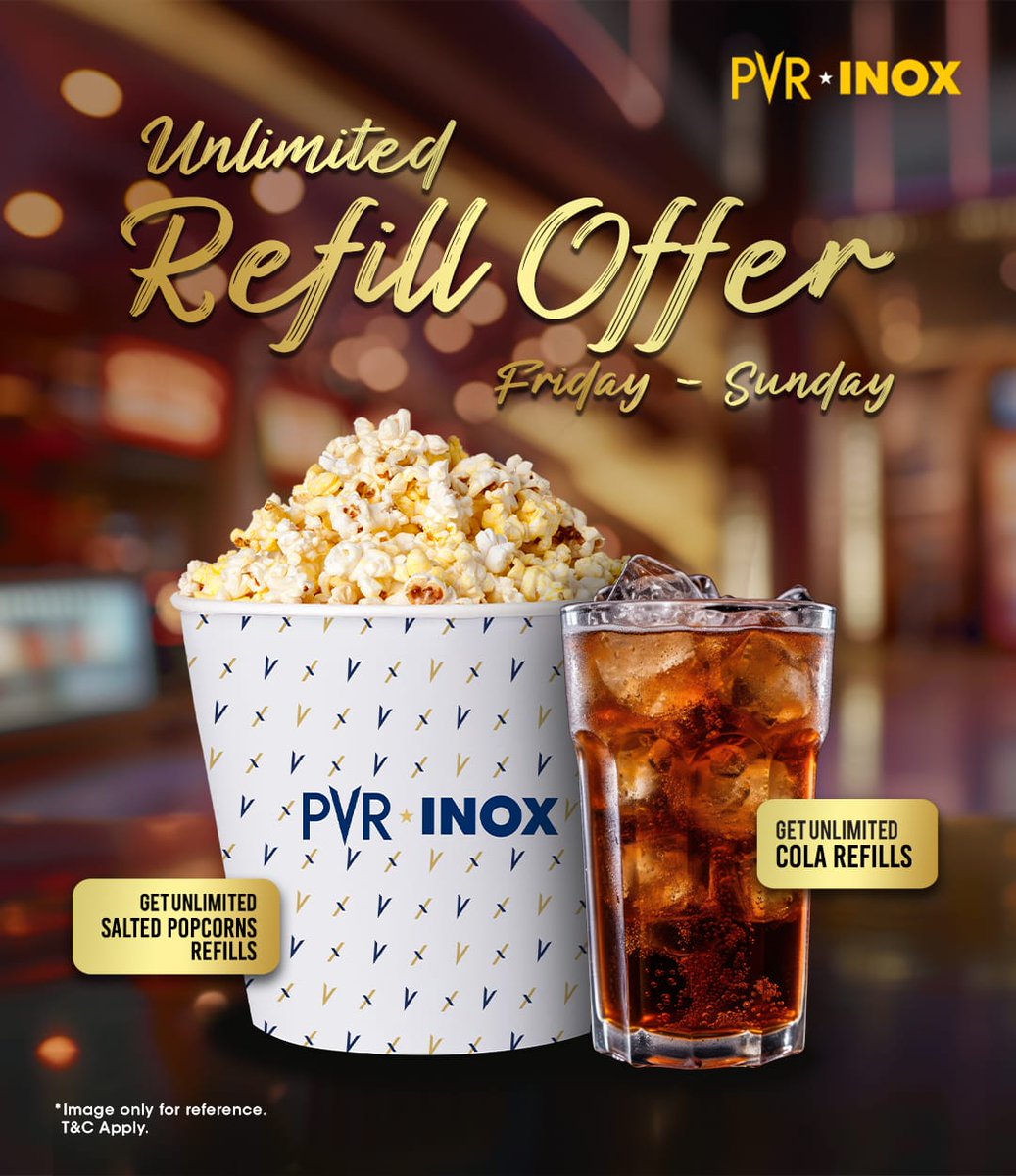 Stay fueled for the ultimate cinematic adventure with our unlimited refill offer from Friday to Sunday. Get unlimited popcorn (240 g) 🍿 and Pepsi refills (810 ml) to keep the excitement going! 🥤🎬
.
.
.
*T&Cs Apply
#UnlimitedRefillOffer #Tasty #Popcorn #Pepsi #UnlimitedRefills