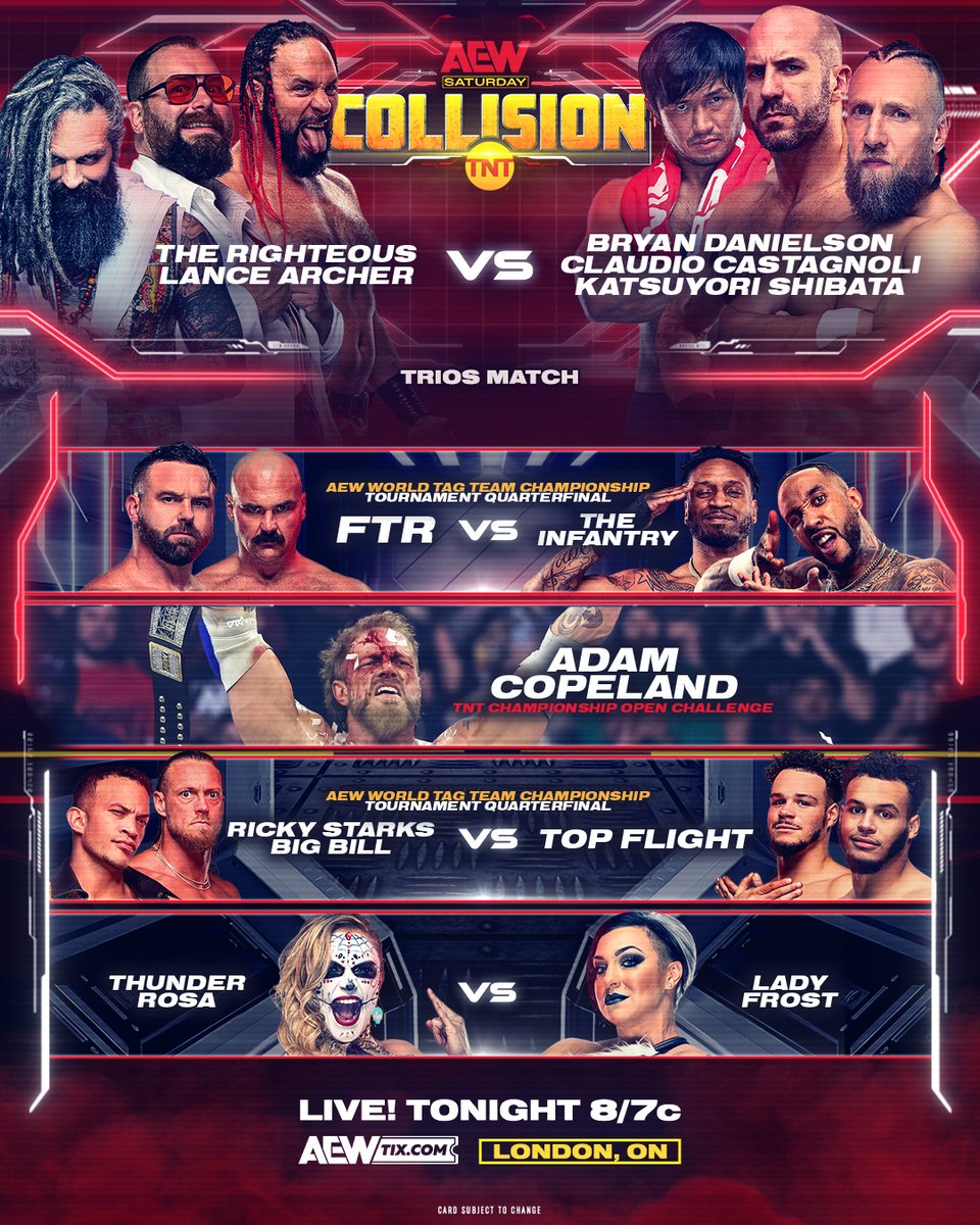 Saturday Night's alright for fighting as #AEWCollision will come to you LIVE from the @BudGardens for the FIRST TIME EVER tonight at 8pm ET/7pm CT on @TNTDrama!