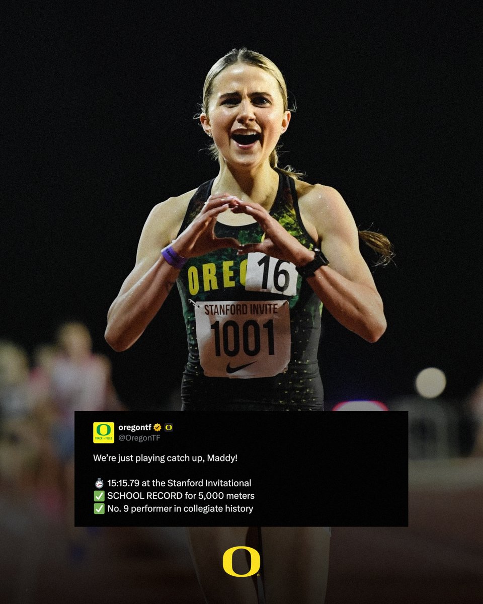 Rewriting history. @OregonTF's Maddy Elmore breaks the 39-year-old school record in the 5,000 meters, stopping the clock in 15:15.79 at the Stanford Invitational. #GoDucks