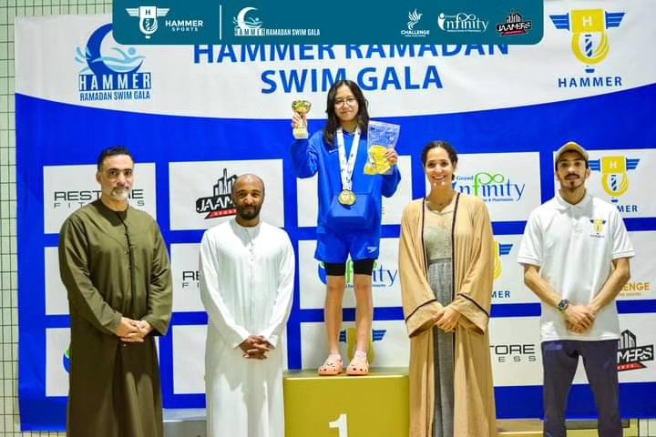 Congratulations to Lana Hermione Gonzalez, aged 12, for her incredible achievements at the Ramadan race, Hammer sport #swimmingcompetition held on March 23, 2024, at Al Wasl!
Lana clinching gold medals in the 50m breaststroke, 50m backstroke, and 50m freestyle events.