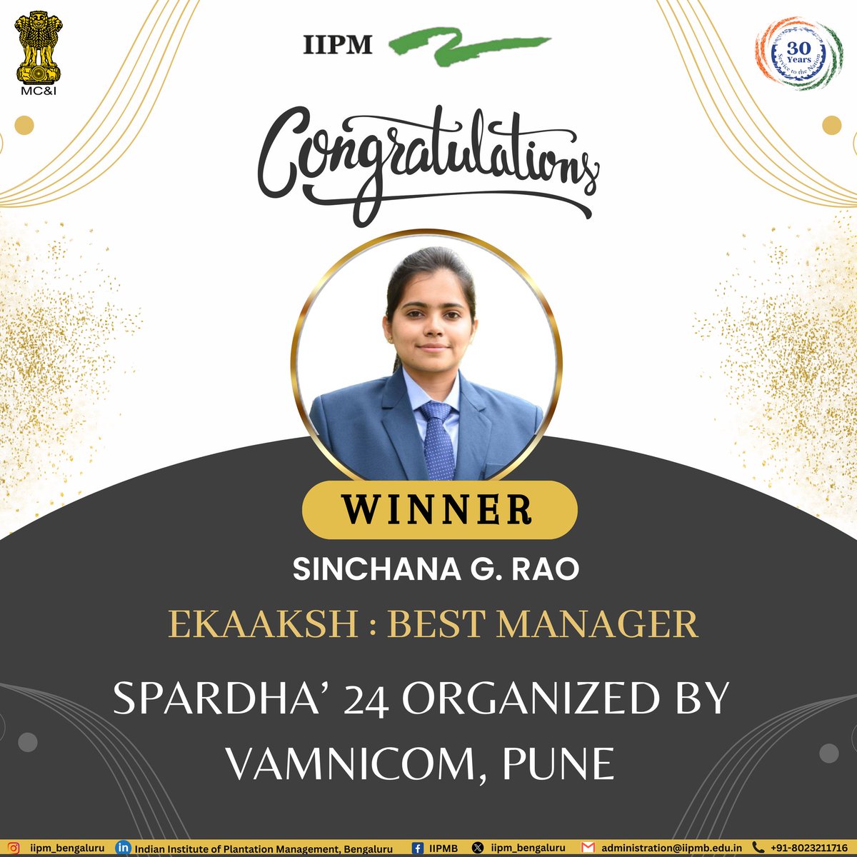 iipm_bangalore's tweet photo. Team IIPMB is joyfully commemorating another victory!
We are proud to announce that our #IIPMB students hold the outstanding achievements at the recent event #SPARDHA'24 held at #VAMINICOM, Pune, showcasing their remarkable talents and relentless dedication. https://t.co/SNTjO3JarH