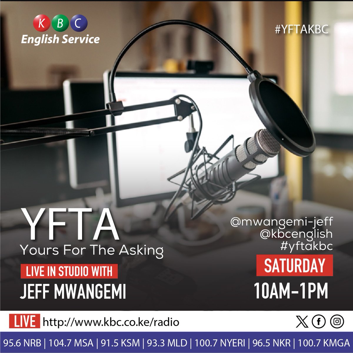 The Numero Uno Show. #yftakbc ..For Your Greetings to Family & Friends and Music request, from 10:00hrs ,...only on KBC English Service ....www.kbc.co.ke/radio ..... Get on Board via The Handle @mwangemi_jeff or @kbcenglish #yftakbc