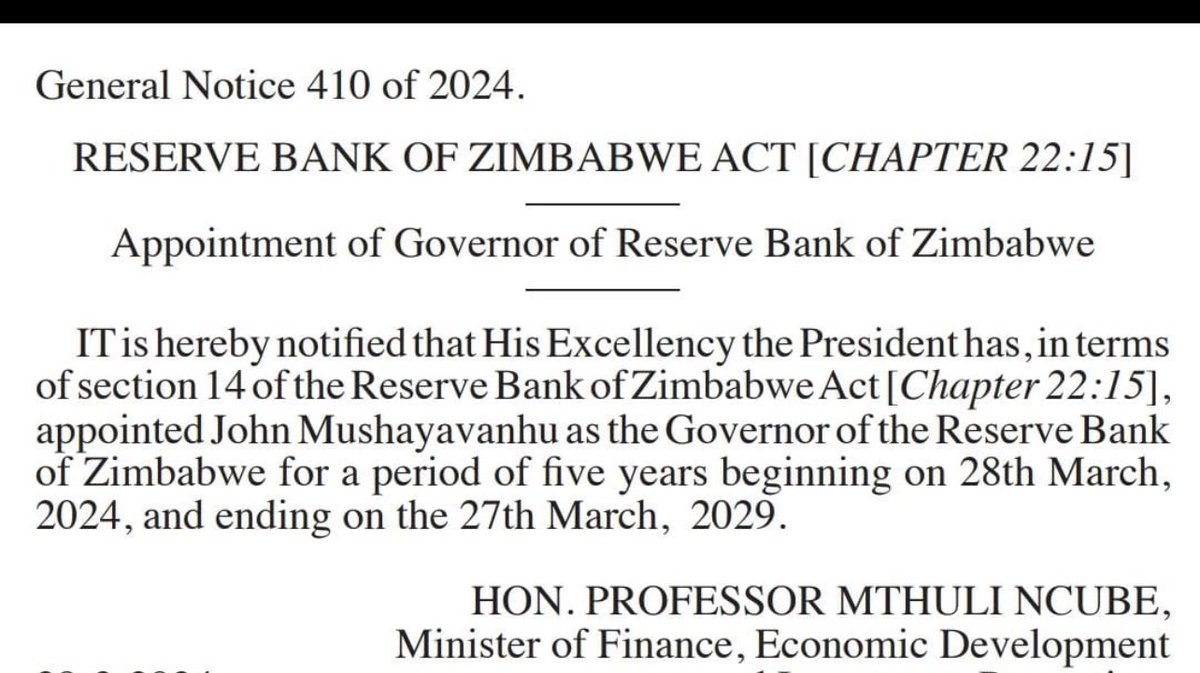 WELCOMING DR MUSHAYAVANHU TO RBZ 1) As Dr Mushavanhu joins RBZ as Governor, l must emphasis that our economic & financial challenges are structural and cannot be sorted over night 2) Whilst l am confident the new Governor, will measure up to the task, he needs our full support