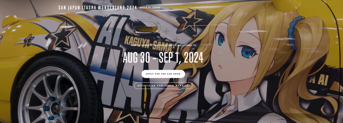 Ita_Wonderland's tweet photo. We are excited to announce that @SanJapan  has given us the opportunity to host Itasha Wonderland from August 30 – September 1, 2024 at the Henry B. Gonzalez Convention Center in San Antonio, Texas!!

Applications for the itasha show at: https://t.co/7Qsb62pjhD https://t.co/CO05lwcY3u