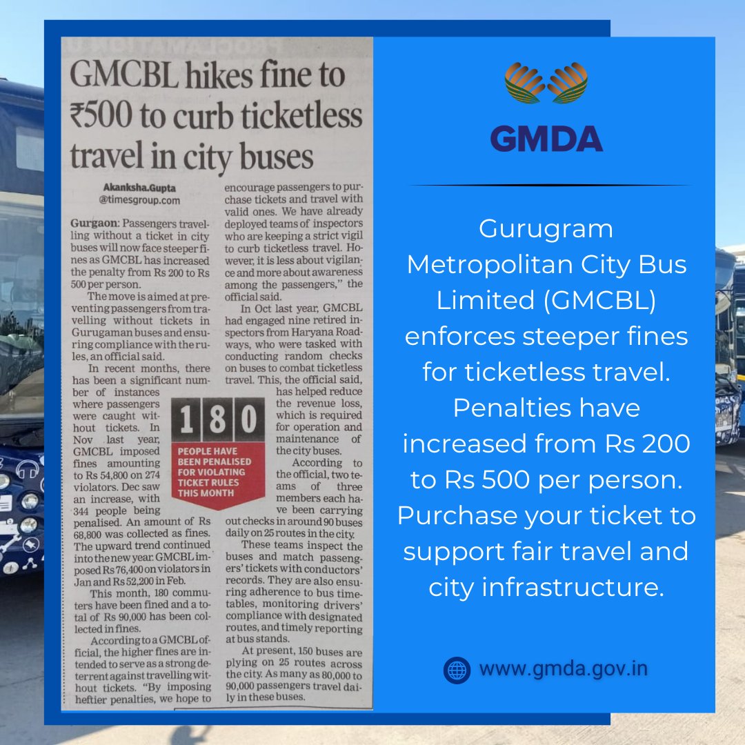 🚍 Attention Gurgaon bus riders! 🚍
Fines for traveling without a ticket have increased to Rs 500 per person by GMCBL. Let's all play our part in keeping our journeys fair and smooth. Your cooperation counts! #tickettoride #SmartCity #Gurgaon #haryananews #Transportation #Travel