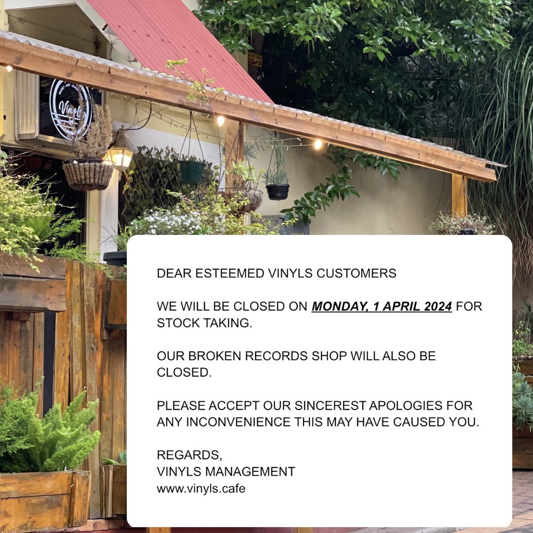 To our esteemed Vinyls customers, we will be closed on Monday, 1 April 2024.