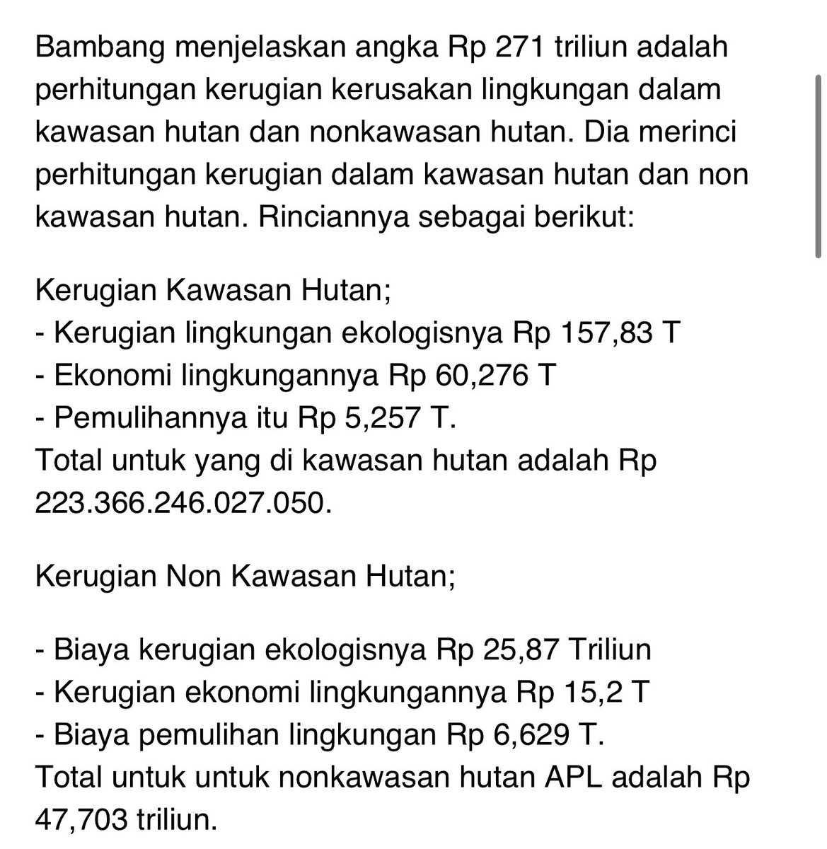 Perlu dipahami dan dicerna dikit yah dik adik, itu tuh bukan jumlah duit yg dikorupsi nya 271 T, tapi jumlah total KERUGIAN yg harus ditanggung negara.
Jadi gak ada itu seakan-akan ybs punya duit 271 T ya dik adik. Yang disita dari HM di rumahnya itu duit cash nya (((CUMA))) 76 M