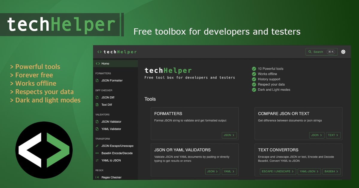 techhelper_app's tweet image. techhelper.app

TechHelper App: A #free toolbox for developers and testers to improve their #workflow. Toolbox include #Cheatsheets, JSON/YAML/XML #Convertors, #Validators and #Formatters, String Escape/Unescape, #Regex tester and more #tools #ProductivityTips #Tool_Kit