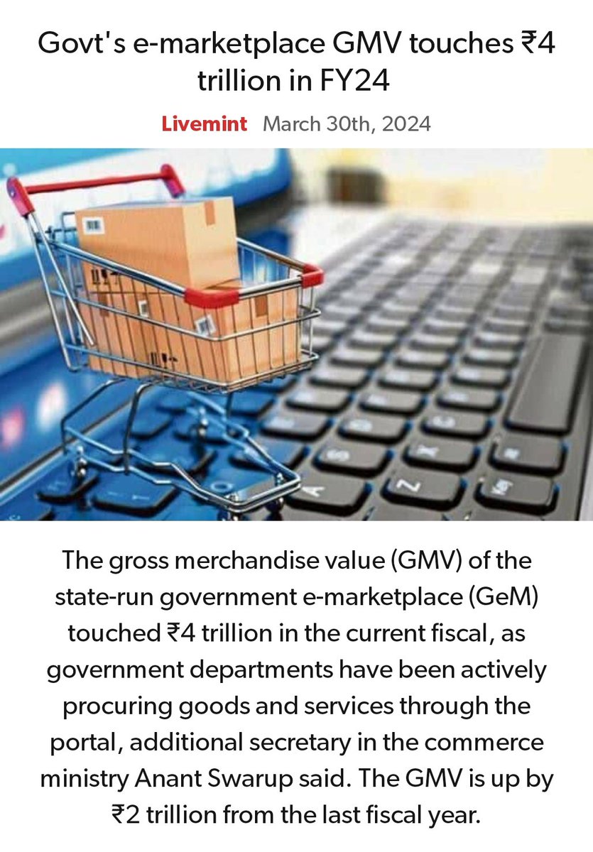 Govt's e-marketplace GMV touches ₹4 trillion in FY24 
livemint.com/industry/retai… via NaMo App
