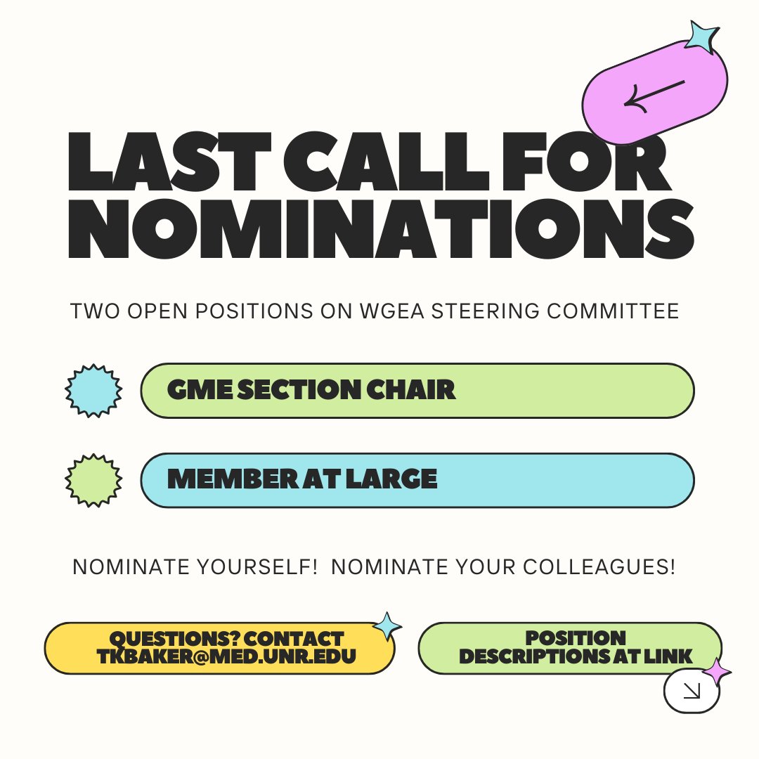 📣 Time's ticking, WGEA community! Don't miss your chance to steer our group's direction! There are 2 open positions: GME Section Chair & Member at Large! Nominate yourself or a capable colleague by Friday 4/5. See links in bio for nomination form and position descriptions.
