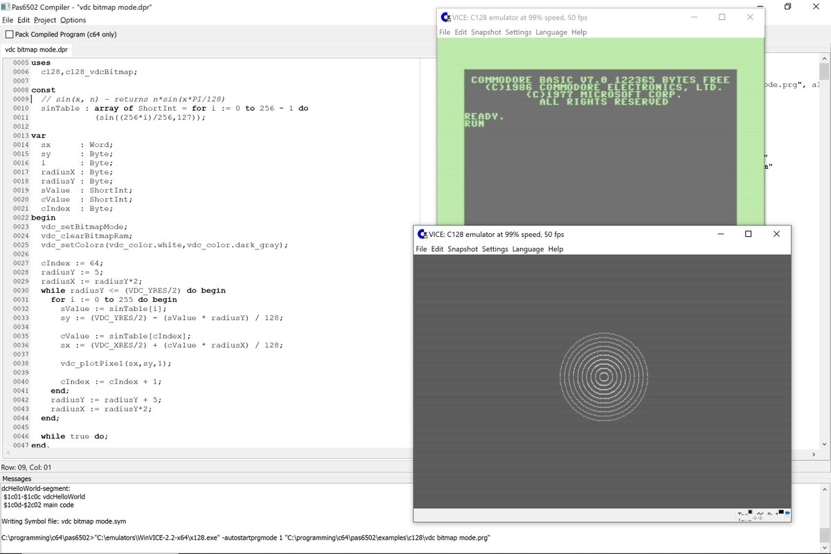 SyntaxErrorSoft's tweet image. #Pas6502 #C128 just might be some VDC graphics testing progress going on 😉 #Pascal #Compiler #6502 #8BitCoders