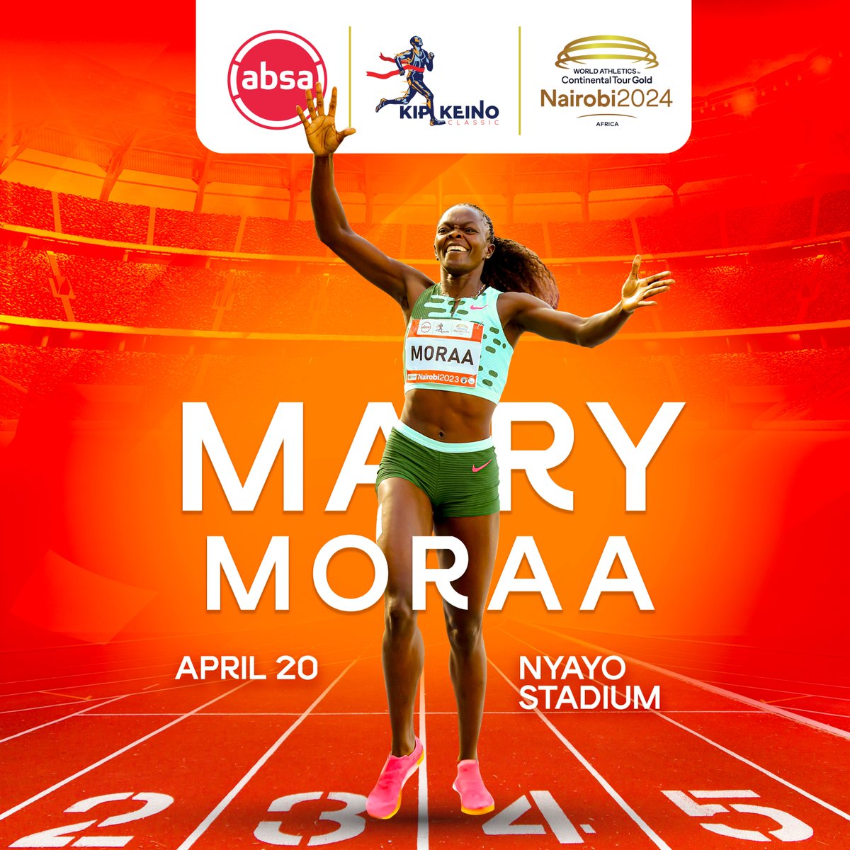 Hail the track Queen! @marymoraa800m is set for #AbsaKipkeinoClassic2024 Don't miss out on the adrenaline, the passion, and the triumph that she brings on Women's 800M . Let's make this Kip Keino Classic one for the books! #TwendeNyayoStadium