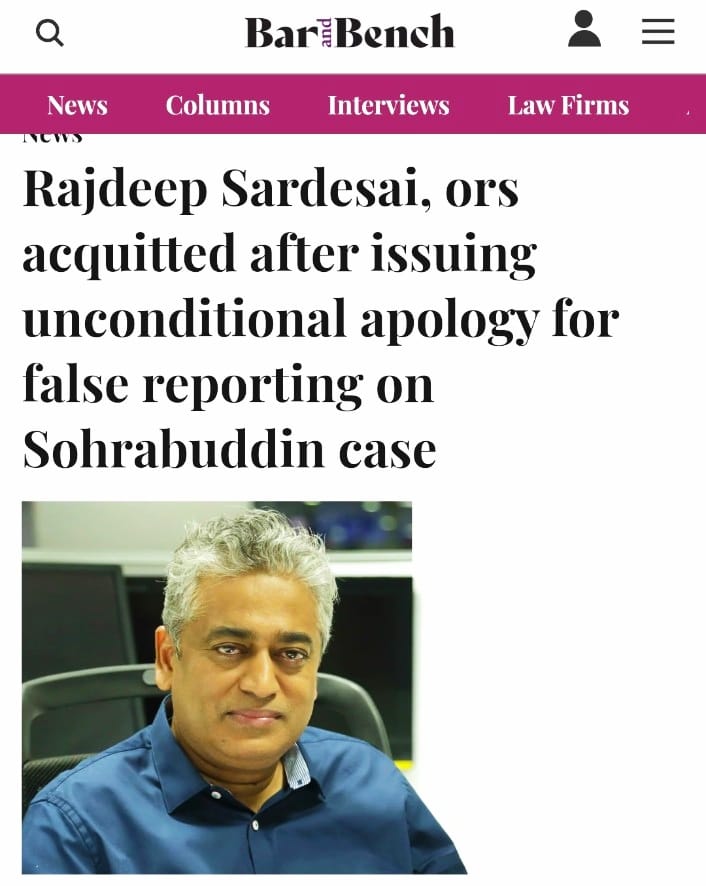 ByRakeshSimha's tweet photo. 2007 : Rajdeep Sardesai airs a program on CNN IBN claiming Sohrabuddin encounter was fake

2008 : Rajdeep is awarded Padmashree by Sonia Gandhi

2010 : Amit Shah arrested in Sohrabuddin case and spends 3 months in jail. He is acquitted in 2014 as it's a fake case.

2018 : Courts declare Sohrabuddin case false. Everyone is acquitted. Many had careers ruined and spent years in jail.

2020 : Rajdeep and 10 other "journalists" apologise in court for fake reporting in 2007.

2024 : Rajdeep is tweeting about misuse of agencies to settle political scores. Calls others Godi media. His wife has joined a party of murderers that enjoys special treatment from courts.

Your short memory is the only reason they exist.

- via SM