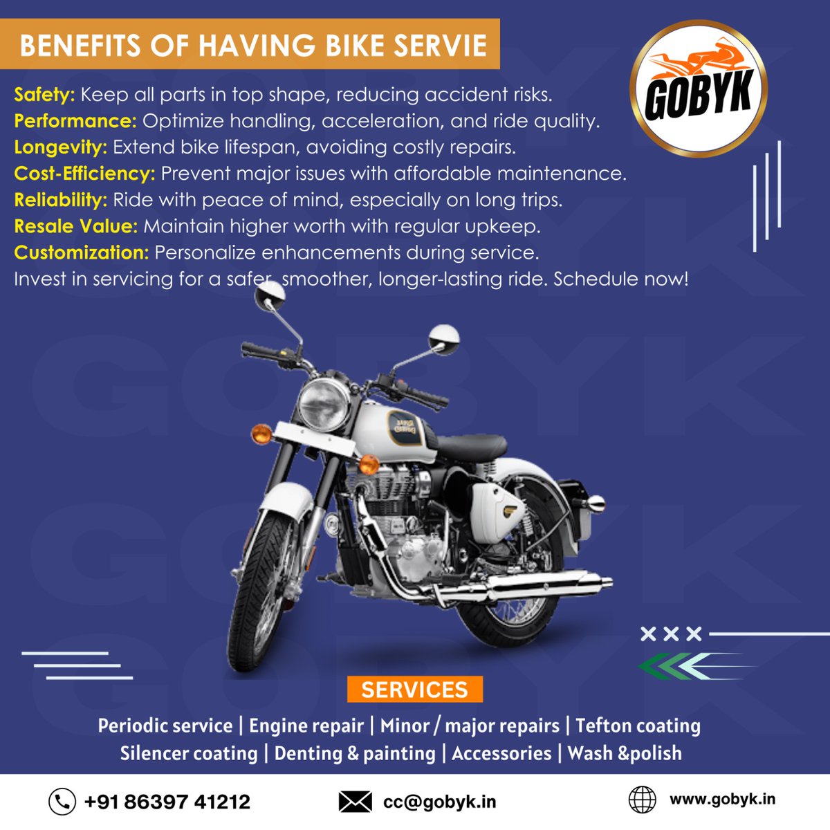 GobykG13697's tweet image. Unlock the Benefits of Bike Service:
Safety, Performance, Longevity, Cost-Efficiency, Reliability, Resale Value, Customization
Invest in servicing for a safer, smoother and longer-lasting ride. Schedule now at GOBYK!
#GOBYK #BikeService #MultiBrandService #ExpertCare