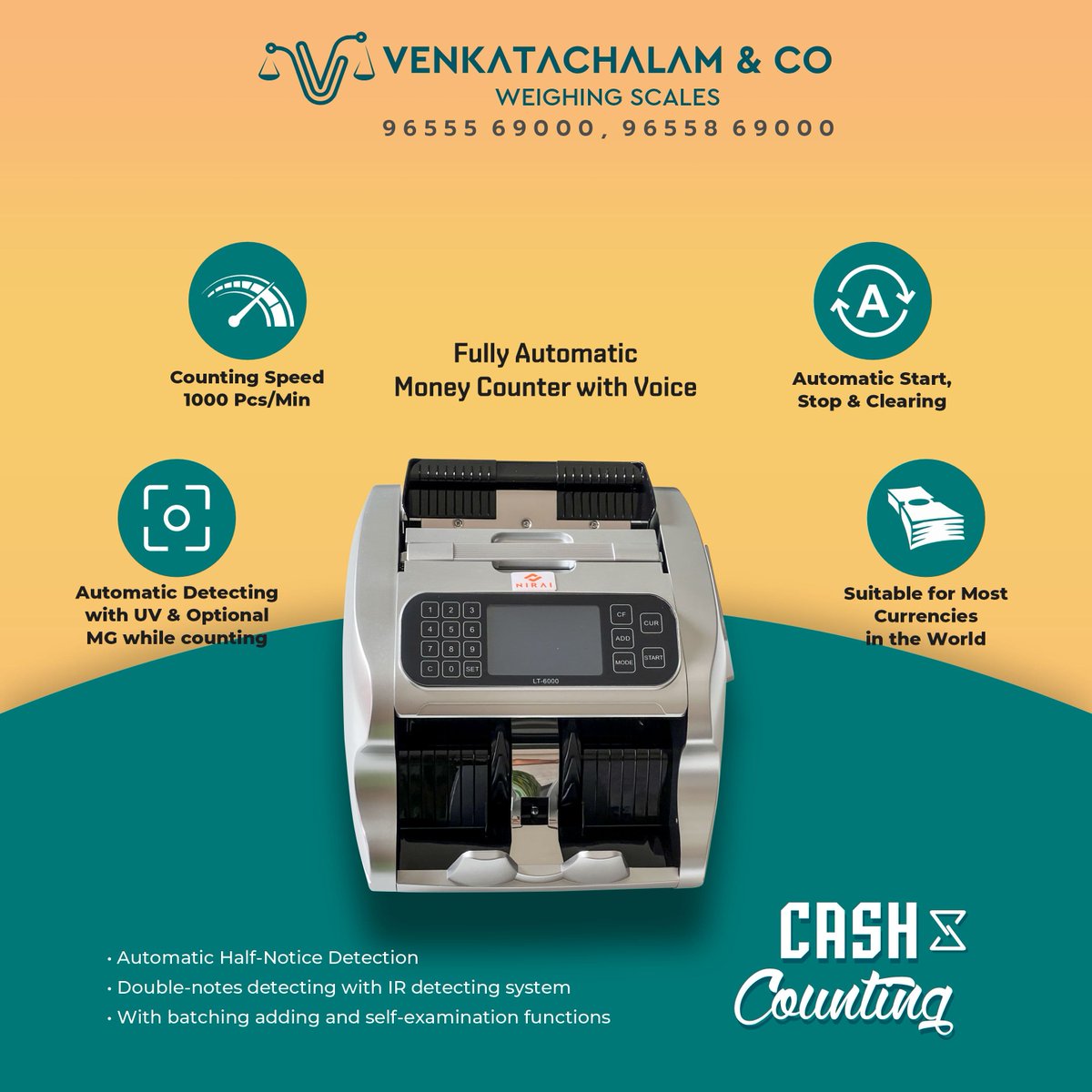 VenkatachalamCo's tweet photo. FULLY AUTOMATIC MONEY COUNTER WITH VOICE : suitable for most currencies in the world.

Counting Speed :1000 Pcs/Min

.
.
#venkatachalam #tabletopscale #coimbatore #venkatachalamandco #cashcountingmachine #digitalscales #banks #pawnshops #jewelleryshop #cashcounter #nirai https://t.co/S7YgQdkWtd