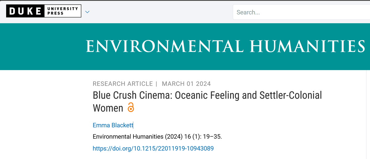 Two new #bluehumanities articles published by @EnvHumanities critique how blue transoceanic connections are depicted in aquatic narratives and explore settler-colonial femininity in film, challenging feminist new materialist views on water.@stevermentz 
read.dukeupress.edu/environmental-…
