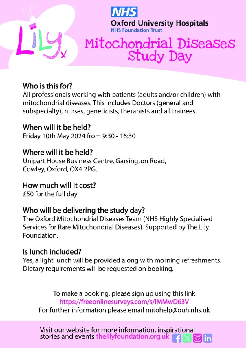 The fabulous @ServiceOxford team are holding a Clinical Study day for any health professionals working with mitochondrial disease patients. More details on the attached poster. To register please complete this form: freeonlinesurveys.com/s/lMMwD63V