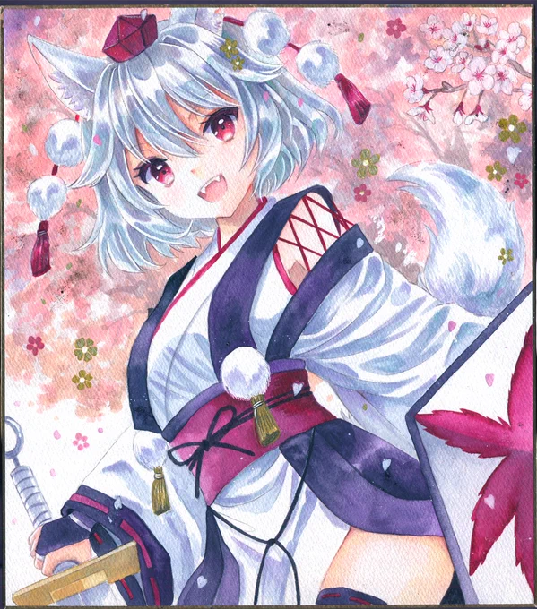 【今週のアナログ絵の成果4】天狗装束の椛描きました春らしい背景で… 