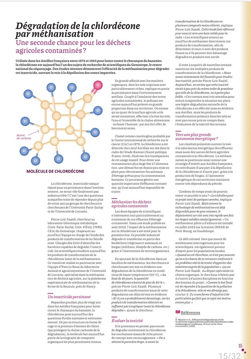 [👁#alire #environnement] Dans ce dernier numéro de #ledition <a href="/UnivParisSaclay/">Université Paris-Saclay</a> retrouvez un focus sur les travaux de <a href="/chlor2nou/">Pierre-Loïc Saaidi</a> <a href="/GenoUMR_GM/">GENOSCOPE/UMR Genomique Metabolique</a> portant sur l'efficacité de la #méthanisation sur la dégradation de la #chlordécone .👇