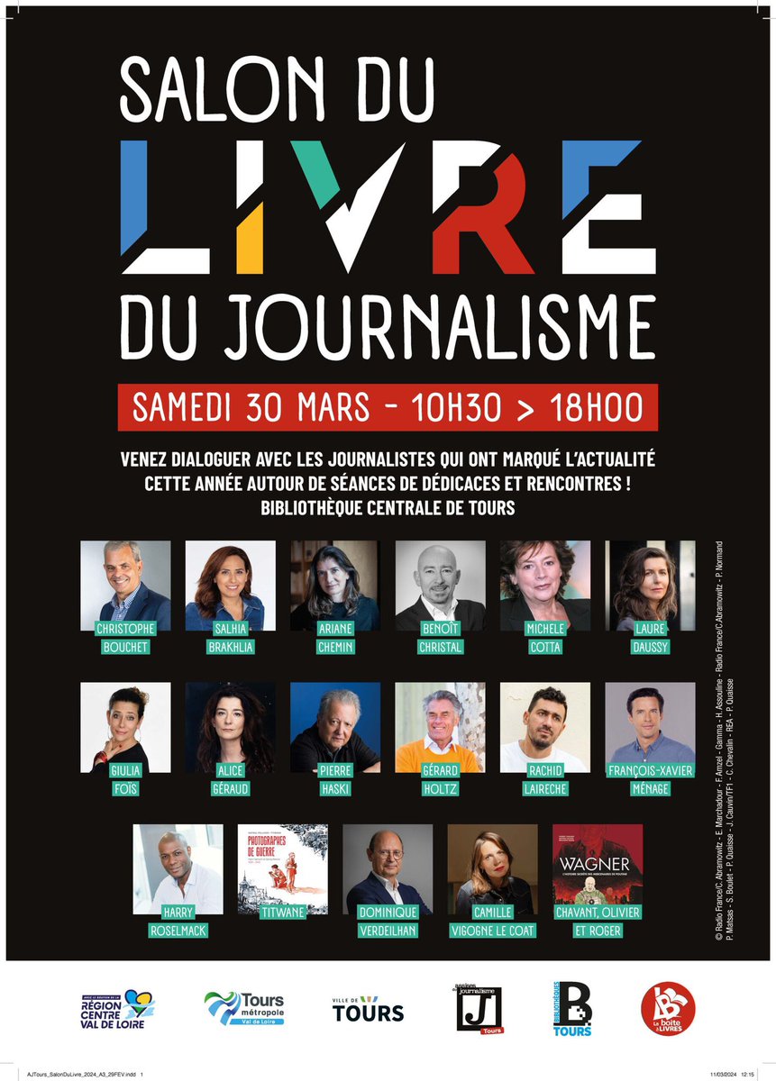 C’est aujourd’hui à la bibliothèque Centrale de la @villedetours ! 📍Pour clore les Assises du Journalisme retrouvez le traditionnel Salon du Livre du Journalisme. 🔎Dès 10h30, une vingtaine d’auteurs, des rencontres et des séances de signatures @laboitealivres