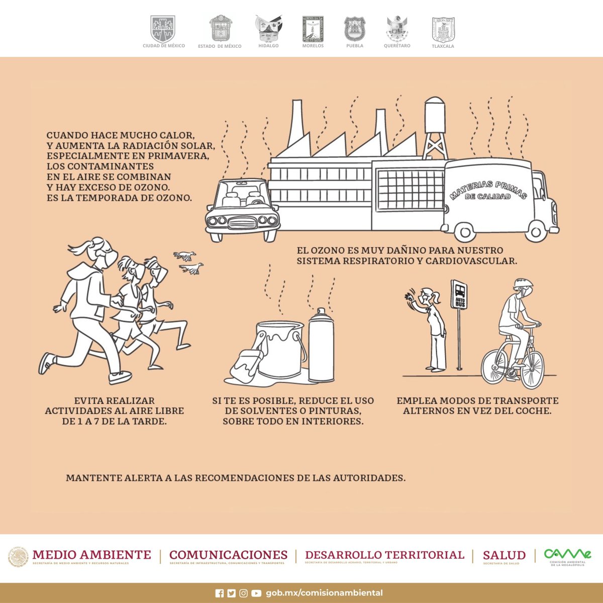 📌#RecomendacionesCAMe
En #TemporadaDeOzono es importante cuidar tu salud y reducir emisiones de contaminantes ¿cómo lo puedes hacer?
✅Consulta índice AIRE Y SALUD sinaica.inecc.gob.mx
✅Emplea modos de transporte sustentables