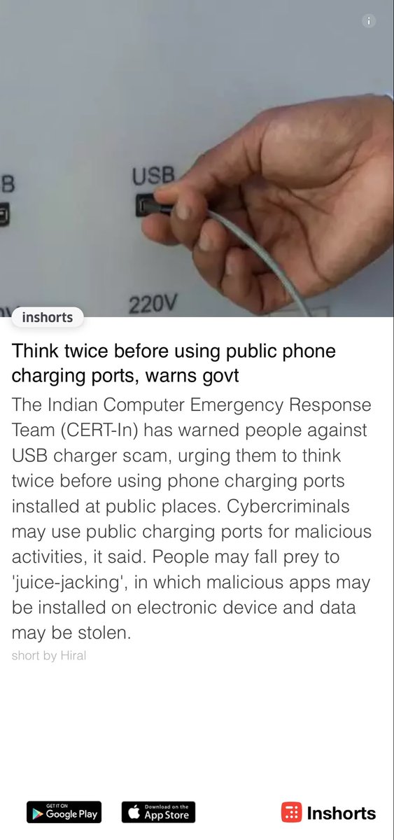 rahuloverma's tweet photo. Think twice before using public phone charging ports, warns govt
https://t.co/k9bCK8kF4y https://t.co/LDuwV6ELKW