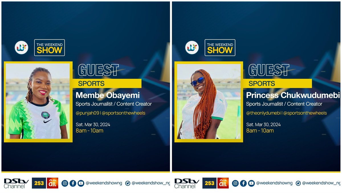 Ayo Adams (@ayoadamss) on Twitter photo Catch us live on <a href="/WeekendShow_Ng/">The Weekend Show</a> Sports segment as we discuss Membe and Princess’s #AfricanGames2023 experience.
Tune in at 9am 🕘
📍DSTV CH. 253 Catch us live on <a href="/WeekendShow_Ng/">The Weekend Show</a> Sports segment as we discuss Membe and Princess’s #AfricanGames2023 experience.
Tune in at 9am 🕘
📍DSTV CH. 253