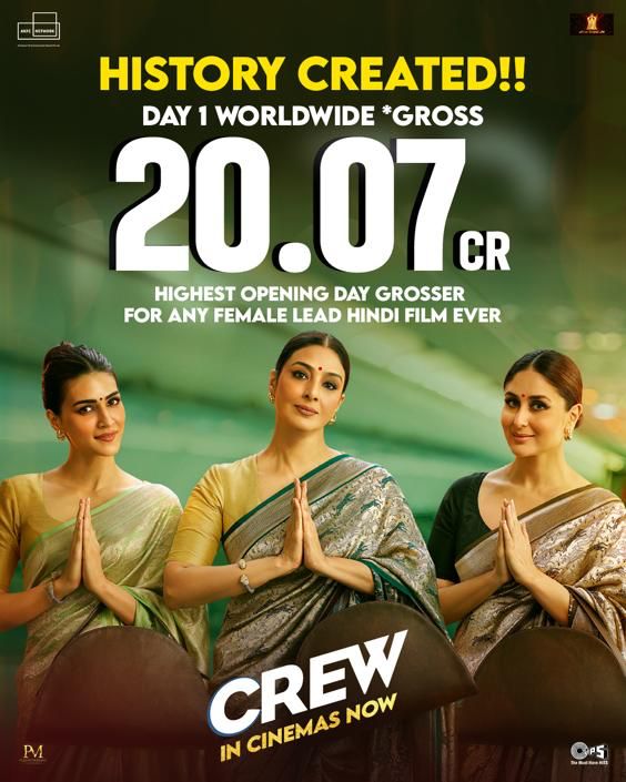 Having received amazing reviews from all across, #Crew takes a fantastic opening of 20.07 Cr. gross worldwide on Day 1 and created history booking the highest ever opening day grosser for a female lead film worldwide! @ektarkapoor @rheakapoor #Tabu #KareenaKapoorKhan #Kritisanon…