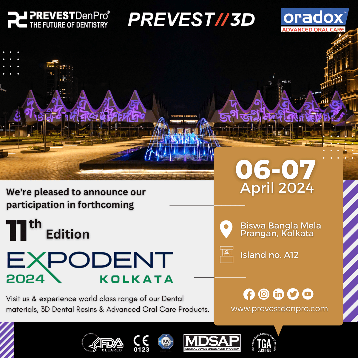 PrevestDenPro_'s tweet photo. We're pleased to announce our participation in forthcoming Expodent Kolkata 2024.
We welcome you to meet us at our Island #A12 at Biswa Bangla Mela Prangan, Kolkata, India. From 06th - 07th April 2024.
See you all there.
#prevestdenpro #expodent #kolkata #dentalconference https://t.co/ZpSKVk3DIt