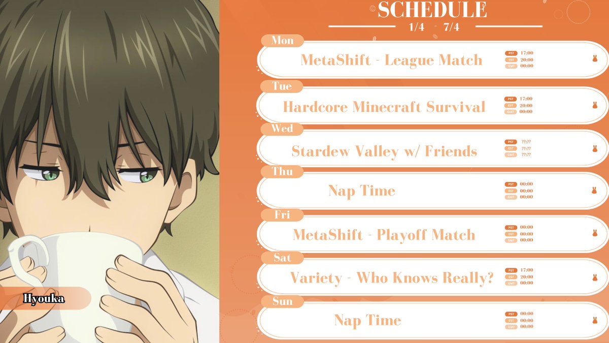 Schedule for next week! I'm going to try to stick to it, but I am a very lazy and sleepy dude. The only ones that are 100% set in stone are my MetaShift League matches. All the times are set to 8PM EST, I've added some conversions but they may be a little later or earlier starts.