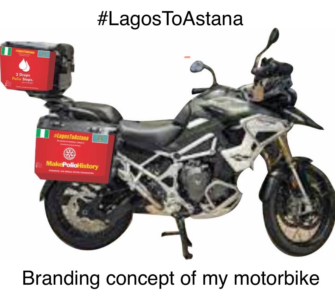 #LagosToAstana The Journey of a LionHeart: Chapter 2 Branding concept of my Motorcycle — Visibility immense! #LionHeart #uinfluence #MakePolioHistory #rotaryinternational