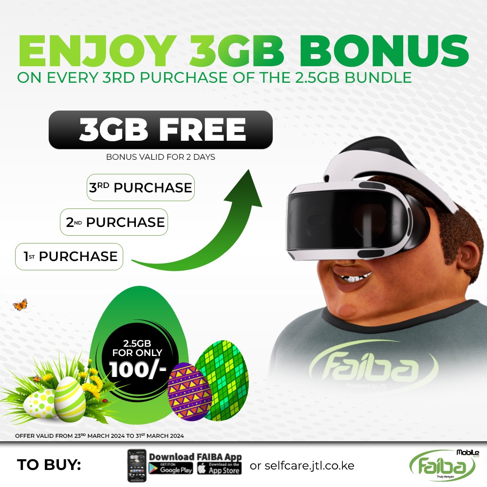 Hii Easter enjoy deals safi sana na #FaibaMobile GET 3GB on every 3rd purchase of the 2.5GB Data Bundle at Ksh 100. Bonus Valid 2 Days. To buy, Download #FaibaApp or use selfcare.jtl.co.ke Offer iko valid until kesho, 31st March 2024. Msiseme sikuwawarn. #GetFaiba