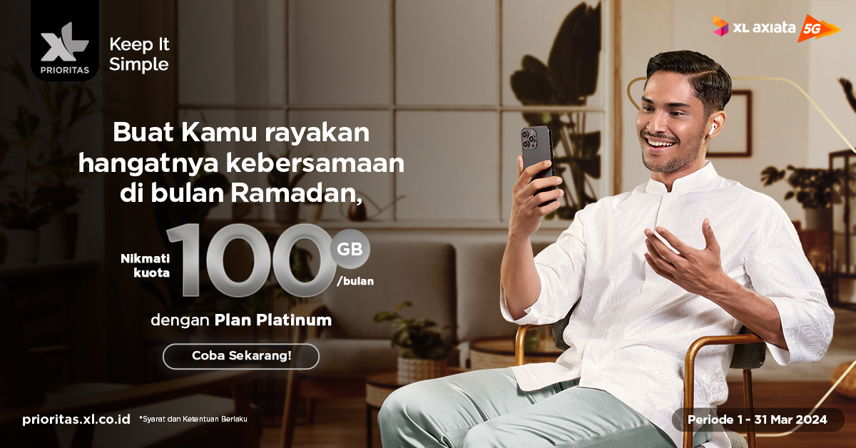 Jalin hangatnya kebersamaan Ramadan. Jaga silaturahmi dengan keluarga, teman dan pasangan dengan kuota melimpah Plan Platinum 100GB/Bulan. Kamu bisa video call atau telponan sepuasnya dengan kuota melimpah dari XL PRIORITAS! Yuk cek sekarang di Website!