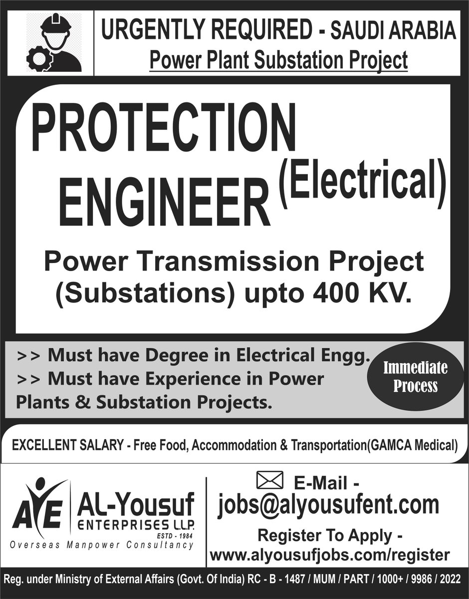 #JobsInSaudiArabia #Hiring for #Electrical_Substation Project.

#Apply Now – jobs@alyousufent.com

#AlYousufJobs recruiting since 1984, registered under the following Ministry /Department
@MEAIndia @NCSIndia @NSDCINDIA @MSDESkillIndia
@NCSIndia @NSDCINDIA @MSDESkillIndia