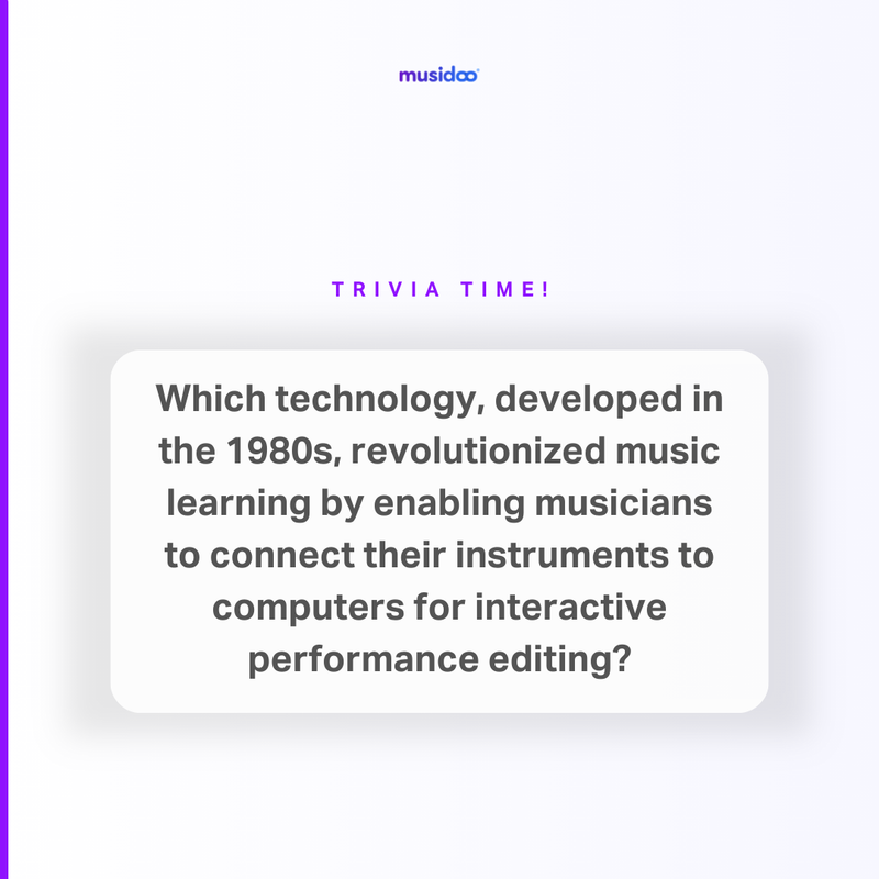 c_musidoo's tweet image. Join us for our trivia quiz and test your knowledge about the evolution of music technology! 🎵

Did you know that in the 1980s, MIDI (Musical Instrument Digital Interface) technology revolutionized the way we learn music? 

#MusicTrivia #MIDITechnology