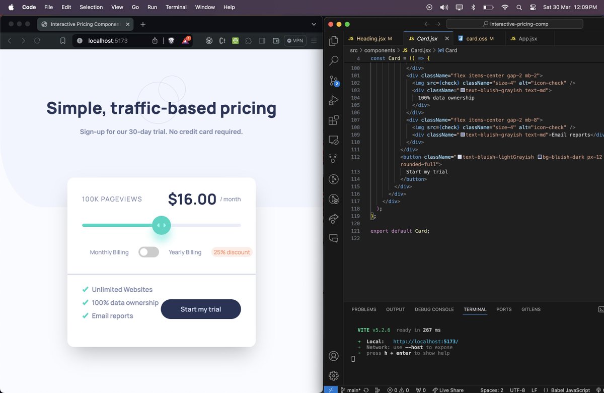 Day 23 of #100DaysOfCode 
Worked on a Frontendmentor challenge of building an interactive pricing component,will be adding dark mode to it . TechStack : React, JavaScript , Tailwind CSS