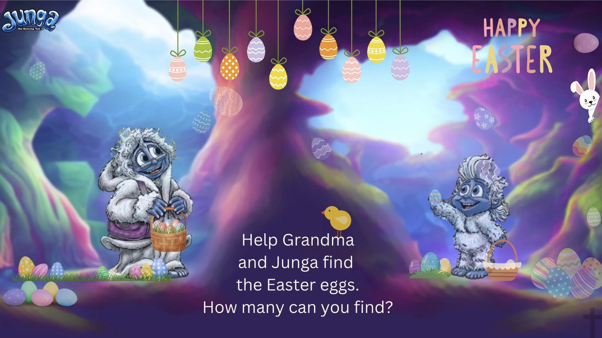 TakoStephen's tweet photo. Enjoy a fun game. How many #EasterEggs can you find for Grandma and Junga the Dancing Yeti?
#easter2024 https://t.co/2JpQq5hGCJ
