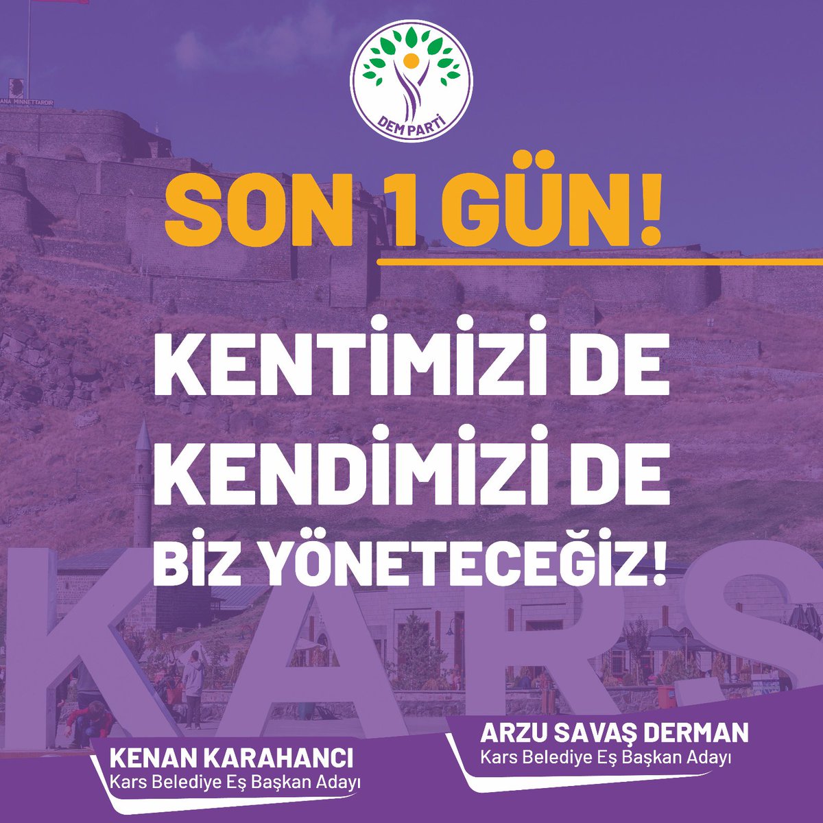 kenankarahanci's tweet photo. Kentimizi de kendimizi de yönetmemize 1 gün kaldı!

Kars halkının olanları tekrar geri alacak, hep birlikte yöneteceğiz!

Kentimizi de kendimizi de biz yöneteceğiz!

#demparti #dempartikars #kars #kafkasüniversitesi #yerelseçim #kenankarahancı #arzusavaşderman #seçim2024 https://t.co/tH6W0FVhRF