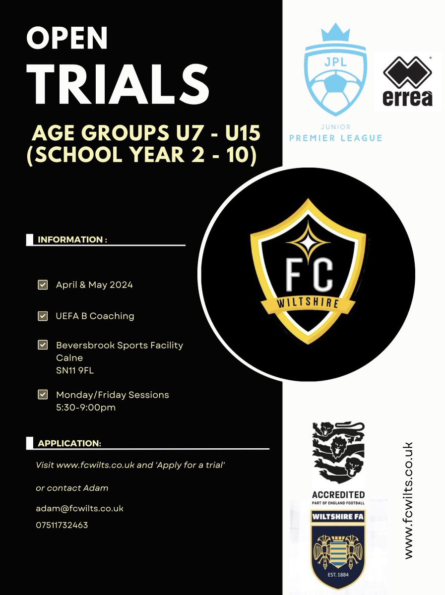 After Easter we are holding Open Trials (u7-u15s) ⚽️ Use the link below to book your place ⬇️ fcwilts.co.uk/get-involved/ Or email Adam@fcwilts.co.uk